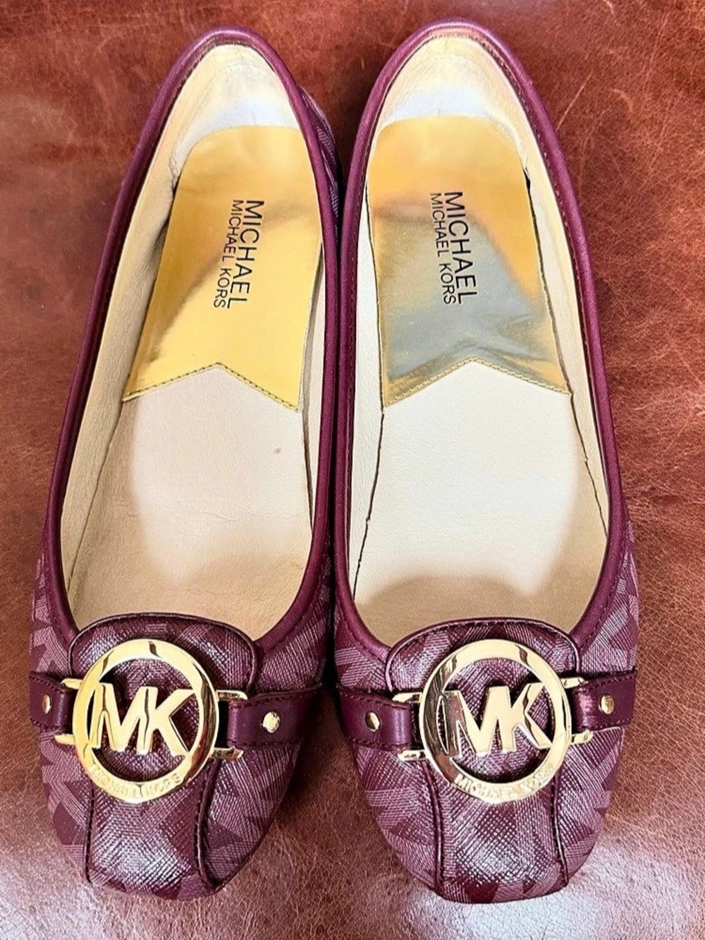 Michael Kors Fulton Monogram Logo Print Leather Moccasin Flats In Merlot Color